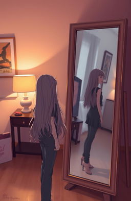 A girl standing in front of a full-length mirror, looking at her reflection with a contemplative expression