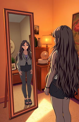 A girl standing in front of a full-length mirror, looking at her reflection with a contemplative expression