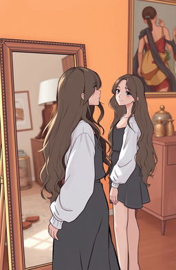 A girl standing in front of a full-length mirror, looking at her reflection with a contemplative expression