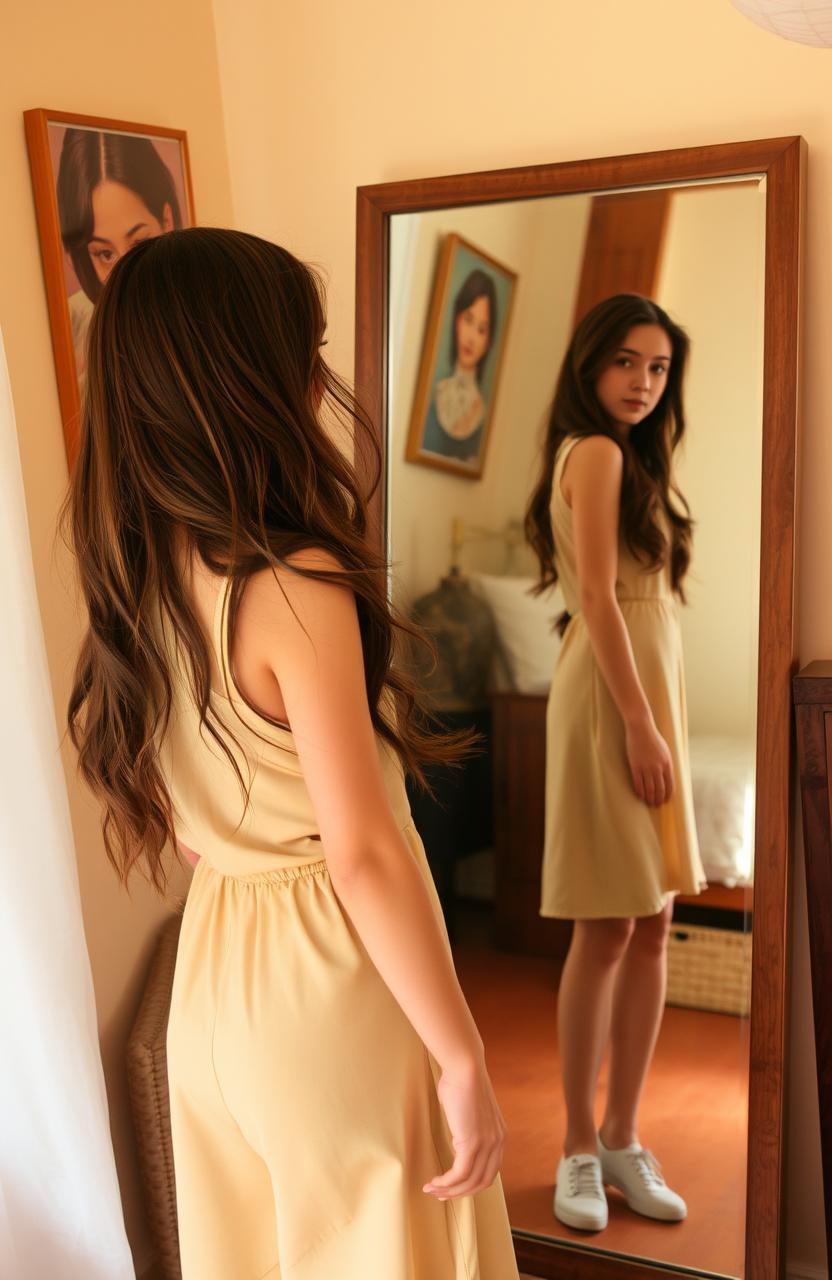 A girl standing in front of a full-length mirror, looking at her reflection with a contemplative expression