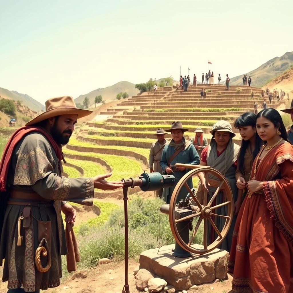 A detailed scene depicting the introduction of European technology into the Inca world following the arrival of the conquistadors