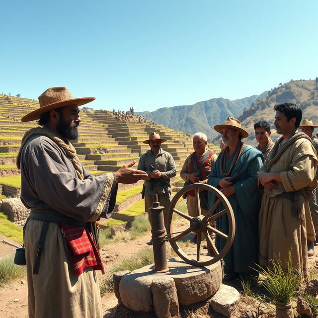 A detailed scene depicting the introduction of European technology into the Inca world following the arrival of the conquistadors