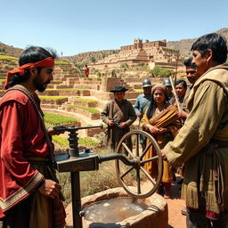 A detailed scene depicting the introduction of European technology into the Inca world following the arrival of the conquistadors