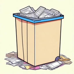 Colorful illustration of a trash bin with paper neatly stored inside and a spotless surrounding floor free of paper litter.