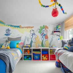 A vibrant and comfortable bedroom designed for two boys, incorporating elements of playfulness, fun, and childhood excitement.