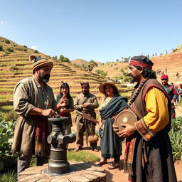 A detailed scene depicting the introduction of European technology into the Inca world following the arrival of the conquistadors
