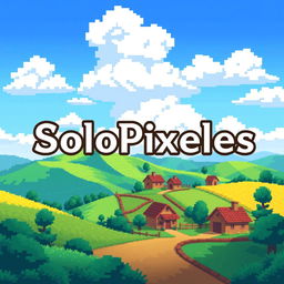 A logo featuring the word 'SoloPixeles' prominently displayed in a charming font, surrounded by a scenic background inspired by the pixel art style of Stardew Valley