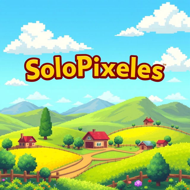 A logo featuring the word 'SoloPixeles' prominently displayed in a charming font, surrounded by a scenic background inspired by the pixel art style of Stardew Valley