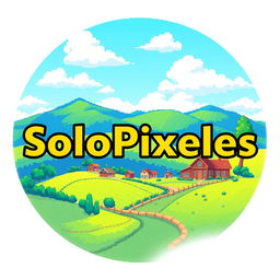 A logo featuring the word 'SoloPixeles' prominently displayed in a charming font, surrounded by a scenic background inspired by the pixel art style of Stardew Valley