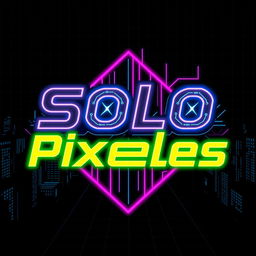 Logo design featuring the word "SoloPixeles" in a striking cyberpunk style
