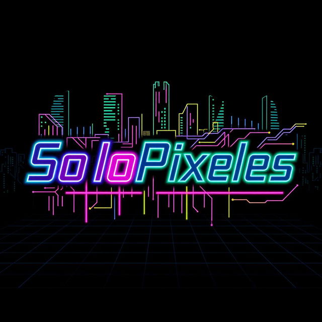 Logo design featuring the word "SoloPixeles" in a striking cyberpunk style