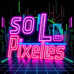 Logo design featuring the word "SoloPixeles" in a striking cyberpunk style