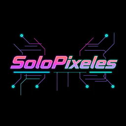 A logo design featuring the word "SoloPixeles" in a striking cyberpunk style