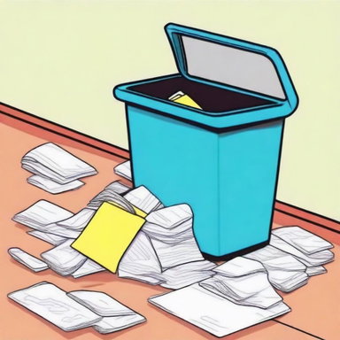 Colorful illustration of a trash bin with paper neatly stored inside and a spotless surrounding floor free of paper litter.