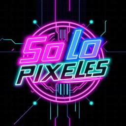 A logo design featuring the word "SoloPixeles" in a striking cyberpunk style