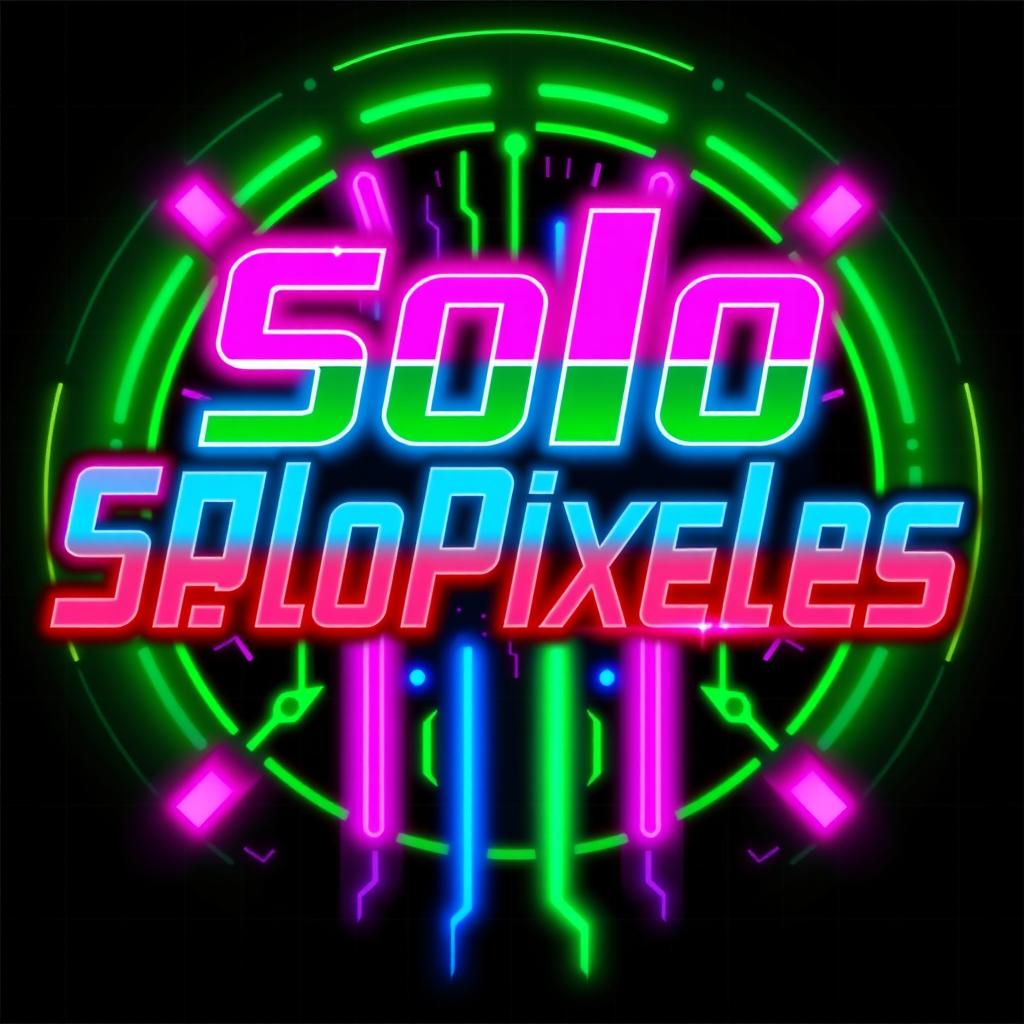 A logo design featuring the word "SoloPixeles" in a striking cyberpunk style