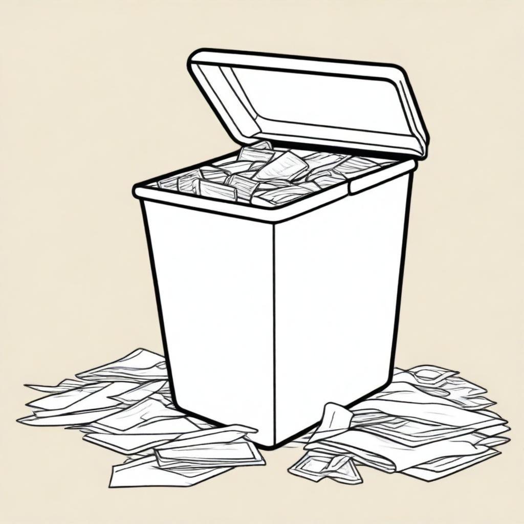 Colorful illustration of a trash bin with paper neatly stored inside and a spotless surrounding floor free of paper litter.