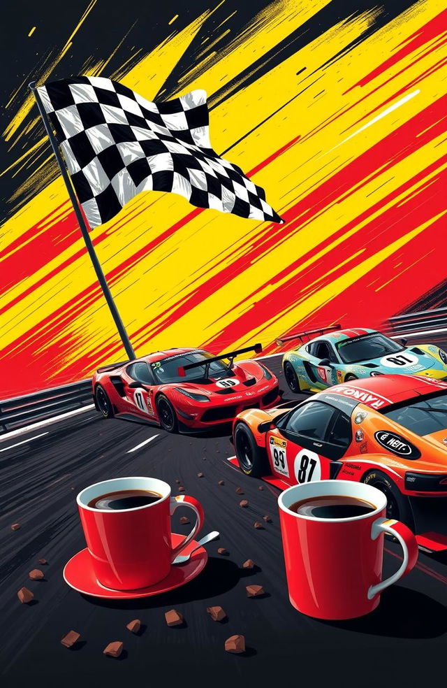 A vibrant scene featuring a dynamic black, yellow, and red background that evokes the thrill of racing