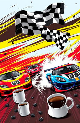 A vibrant scene featuring a dynamic black, yellow, and red background that evokes the thrill of racing
