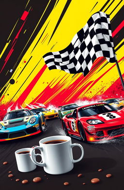 A vibrant scene featuring a dynamic black, yellow, and red background that evokes the thrill of racing