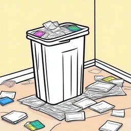 Colorful illustration of a trash bin with paper neatly stored inside and a spotless surrounding floor free of paper litter.