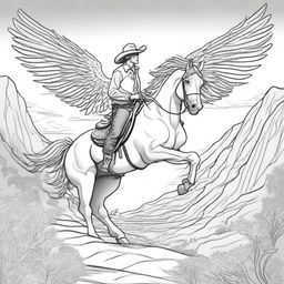 A daring cowboy seated on a majestic horse with large, feathered wings, exploring the western frontier skyline, structured as an engaging colouring book illustration