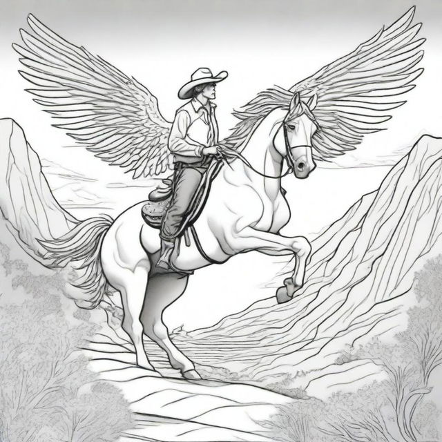 A daring cowboy seated on a majestic horse with large, feathered wings, exploring the western frontier skyline, structured as an engaging colouring book illustration