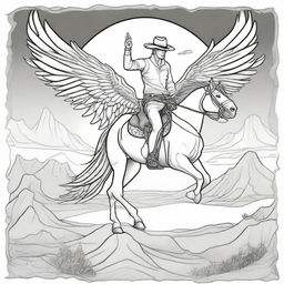 A daring cowboy seated on a majestic horse with large, feathered wings, exploring the western frontier skyline, structured as an engaging colouring book illustration