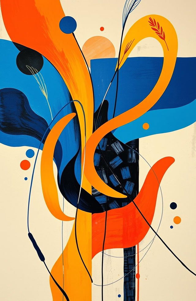 A vibrant and dynamic abstract composition inspired by Pablo Moncayo's artistic style, showcasing his distinct use of color and form