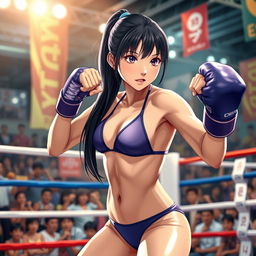 A dynamic scene featuring a Japanese girl engaged in a boxing match while wearing a stylish bikini