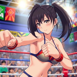A dynamic scene featuring a Japanese girl engaged in a boxing match while wearing a stylish bikini
