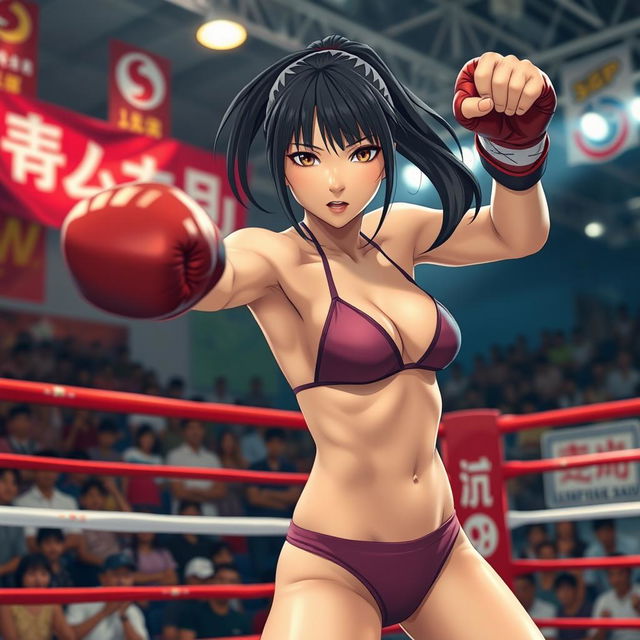 A dynamic scene featuring a Japanese girl engaged in a boxing match while wearing a stylish bikini