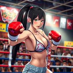 A dynamic scene featuring a Japanese girl engaged in a boxing match while wearing a stylish bikini