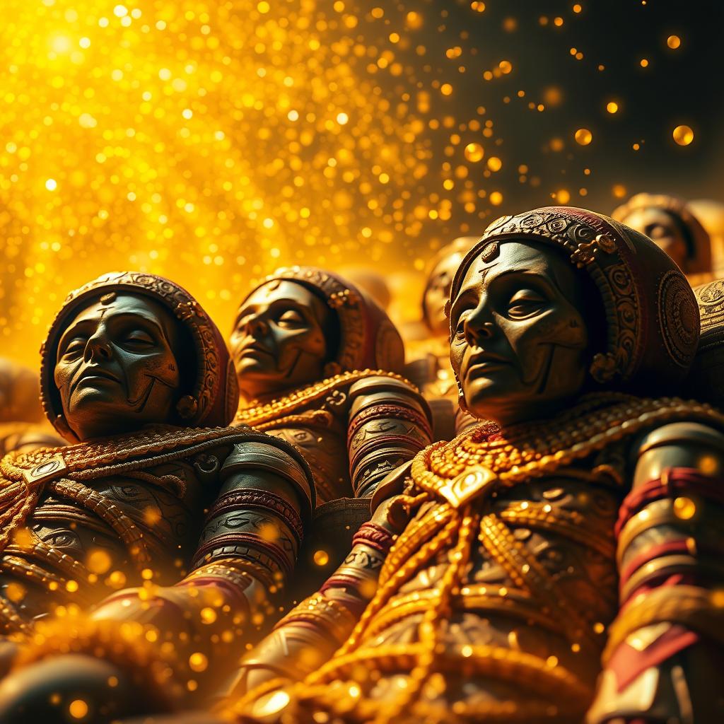 A striking visualization of Inca mummies surrounded by a cloud of gold and jewels, symbolizing their immense wealth