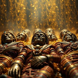 A striking visualization of Inca mummies surrounded by a cloud of gold and jewels, symbolizing their immense wealth