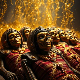 A striking visualization of Inca mummies surrounded by a cloud of gold and jewels, symbolizing their immense wealth