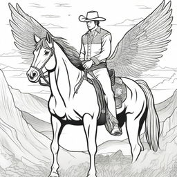 A daring cowboy seated on a majestic horse with large, feathered wings, exploring the western frontier skyline, structured as an engaging colouring book illustration