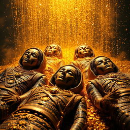 A striking visualization of Inca mummies surrounded by a cloud of gold and jewels, symbolizing their immense wealth