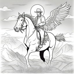 A daring cowboy seated on a majestic horse with large, feathered wings, exploring the western frontier skyline, structured as an engaging colouring book illustration