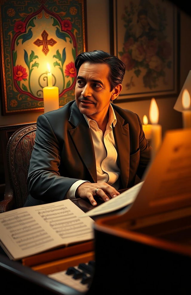 A portrait of Pablo Moncayo, a renowned Catholic Mexican composer, depicted in a serene and contemplative environment