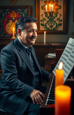 A portrait of Pablo Moncayo, a renowned Catholic Mexican composer, depicted in a serene and contemplative environment