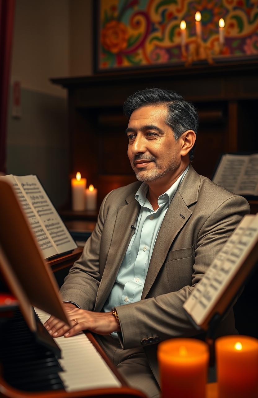 A portrait of Pablo Moncayo, a renowned Catholic Mexican composer, depicted in a serene and contemplative environment