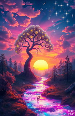 A surreal landscape featuring a vibrant sunset over a dreamlike forest