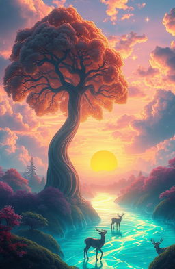 A surreal landscape featuring a vibrant sunset over a dreamlike forest