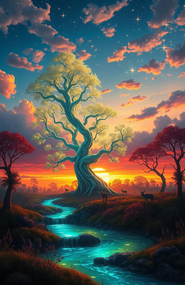 A surreal landscape featuring a vibrant sunset over a dreamlike forest
