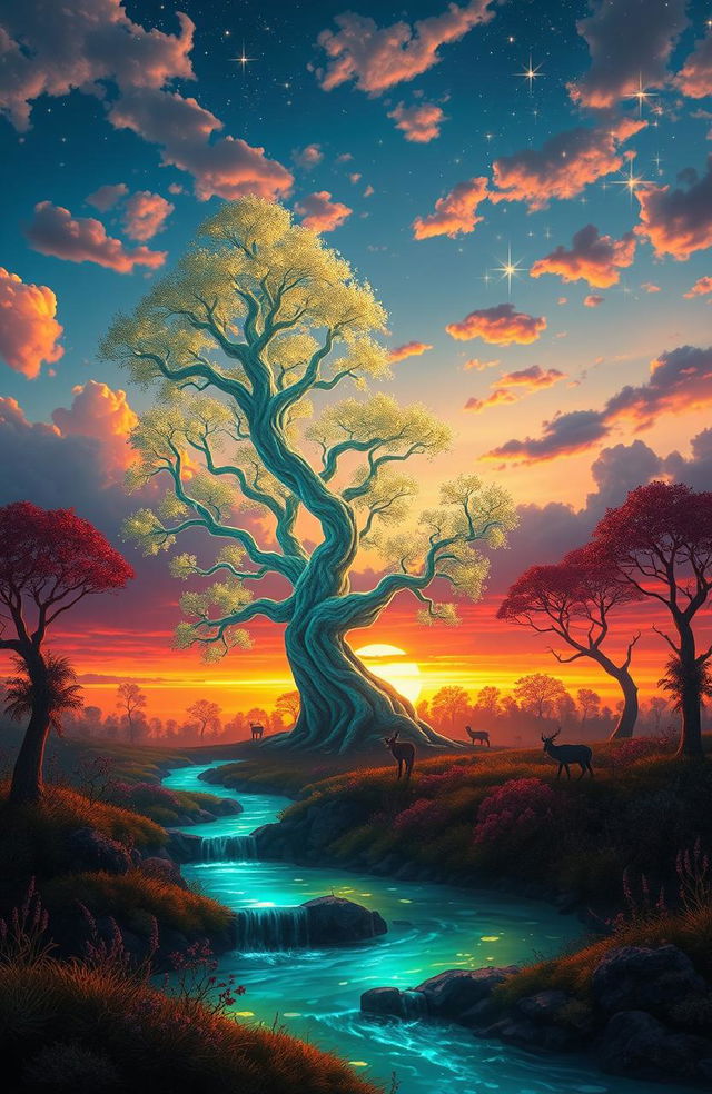 A surreal landscape featuring a vibrant sunset over a dreamlike forest