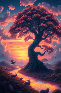 A surreal landscape featuring a vibrant sunset over a dreamlike forest
