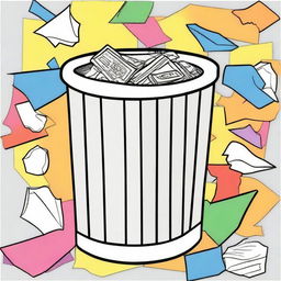 Colorful illustration of a trash bin with paper inside.