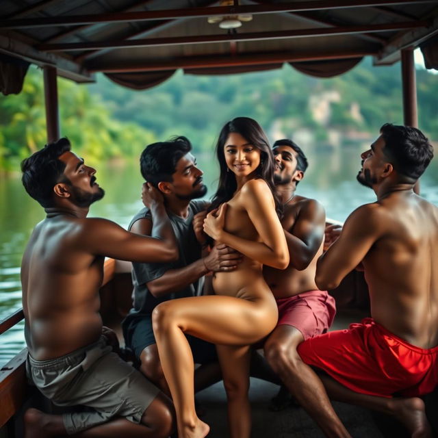 A sensual scene set on a beautiful houseboat in Kerala, featuring a hot, cute 18-year-old Indian girl with long, attractive legs