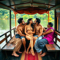 A vibrant and seductive scene set on a beautiful houseboat in Kerala, featuring a hot, cute 18-year-old Indian girl with long legs